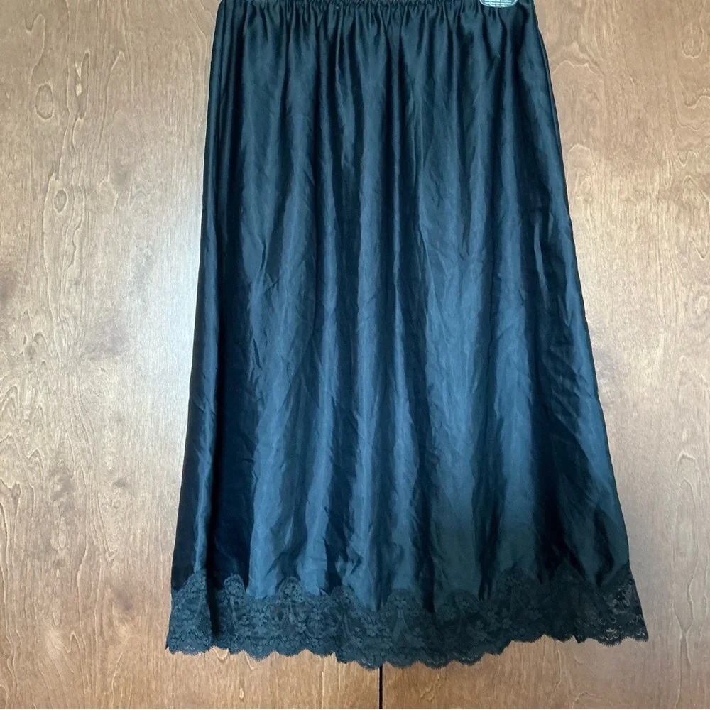 Vintage Black Half Slip Silky Nylon Skirt Lace Trim Dark Fairy Whimsigoth S - Picture 7 of 10